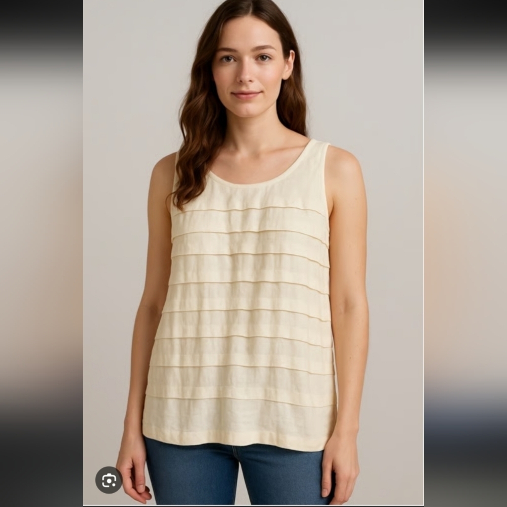 Eileen Fisher Habutai 100% Silk Tiered Ruffle Tank Top Blouse Solid Ivory XL